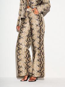 KIZN Snake Print Faux Leather Wide Leg Trousers High Rise Full Length PU Palazzo Pants Evening Party Style - Multicolor - View 4