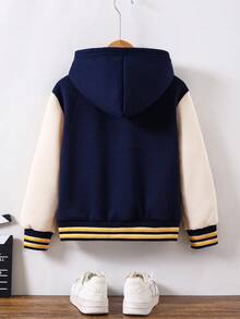 SHEIN Genkimix Kids Boys' Hooded Jacket With Front And Sleeve American Retro Yellow Letter Print Pattern Knit Sweatshirt Fabric Navy Blue And Apricot Color Block Design D - Multicolor - View 3