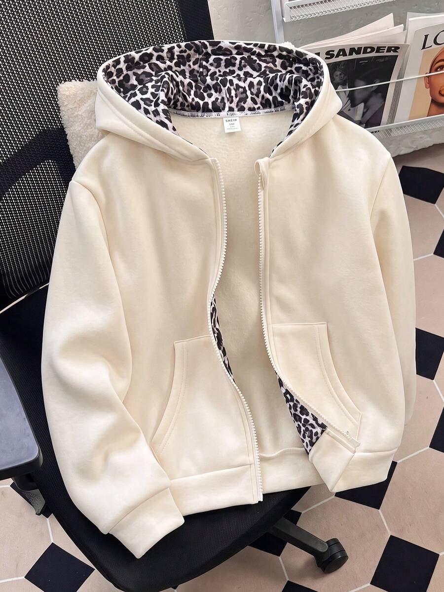 Tween Girls Solid Color Bow Decor Sleeve Fleece Lined Sweatshirt Jacket Back To School Style - Apricot - View 1