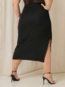 Lele Munniz Plus Size Women's High Elastic Black Skirt,Autumn Smart Casual Everyday Fashion High Slit Basic Versatile Minimalist Old Money Style Summer - Black - View 3