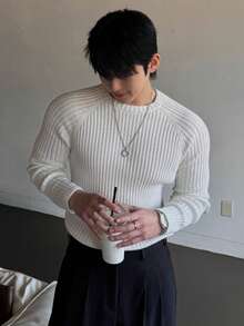 DAZY White Solid Color Slim Fit Raglan Sleeve Crew Neck Men's Sweater, Can Be Worn As Base Layer Or Outerwear Long Sleeve Tops - White - View 6