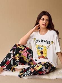 SpongeBob SquarePants | SHEIN 大尺碼可愛卡通印花圓領上衣與寬鬆長褲睡衣套裝 - 黑色 - 查看 6