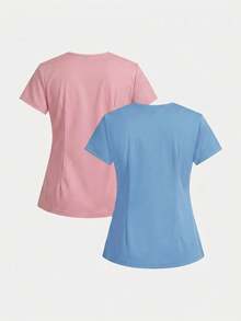 TaskEZ Scrub Top, Solid Color V-Neck Short Sleeve Double Pocket Scrub Top, 2-Piece Set, Suitable For Work Commute, Pet Hospital - Multicolor - View 2
