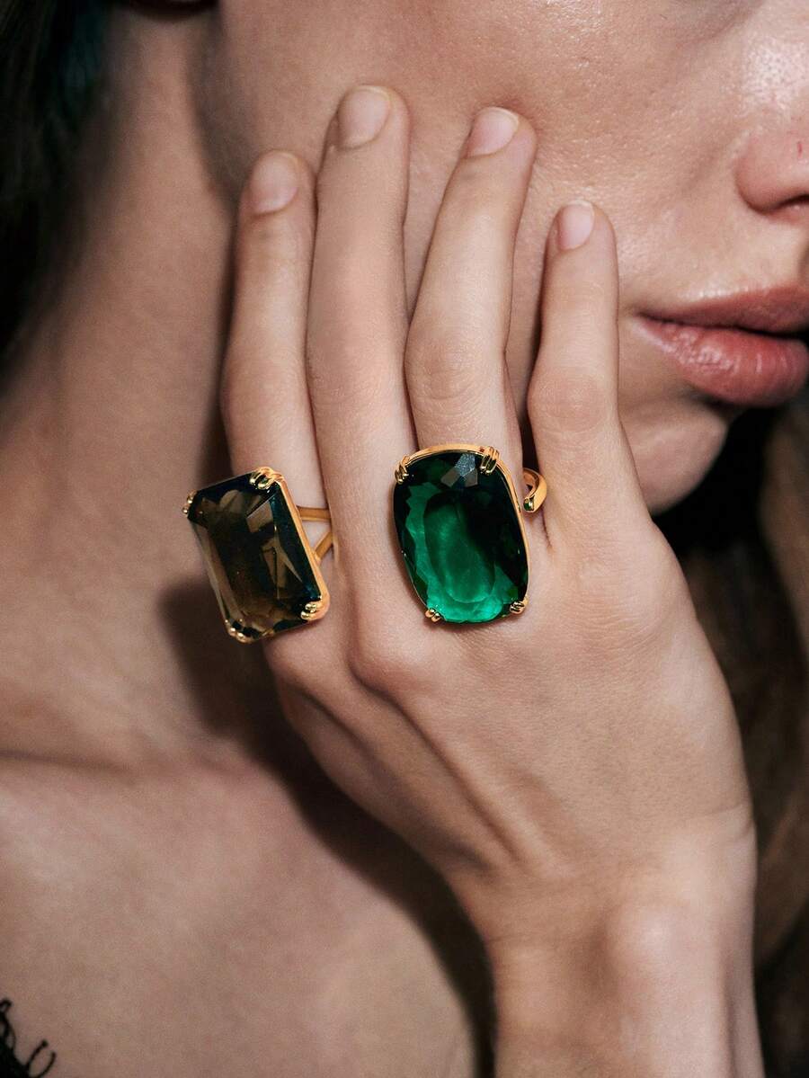 Noxbound Color Claw Set Large Gemstone Exaggerated Ring 2, Rectangle Smoke Crystal And Oval Emerald Crystal Rough Ring, Ladies Luxury Jewelry - Gold - View 1