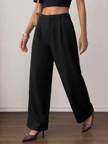 SHEIN PETITE 女款商務休閒長褲，女款西式風格服飾，女款寬腿褲，女款辦公穿著，寬鬆長褲，專業女裝，辦公服裝，灰色 - 黑色 - 查看 3