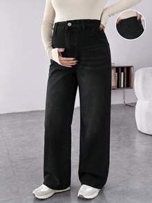 SHEIN 孕婦牛仔褲休閒寬鬆寬腿長褲黑色冬季女裝牛仔風穿搭 - 黑色 - 查看 4