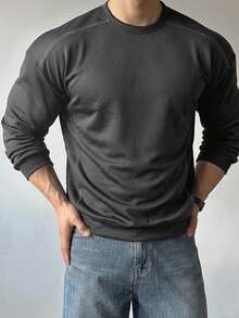 DAZY Spring/Autumn Black Sweatshirt Fabric With White Thick Stitching Decoration, Crew Neck Long Sleeve Pullover Sweatshirt For Men - Black - View 5