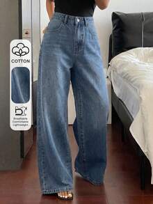 Livesso Spring Summer Blue Washed Basic Casual Pants Loose Business Casual Style Fashion Office Wear Straight Leg Wide Leg Long Pants Women's Jeans - Dark Wash - View 1