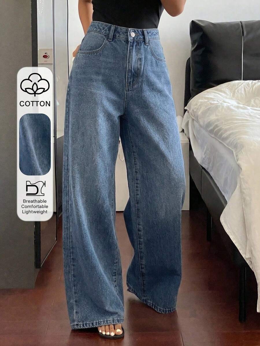 Livesso Spring Summer Blue Washed Basic Casual Pants Loose Business Casual Style Fashion Office Wear Straight Leg Wide Leg Long Pants Women's Jeans - Dark Wash - View 1