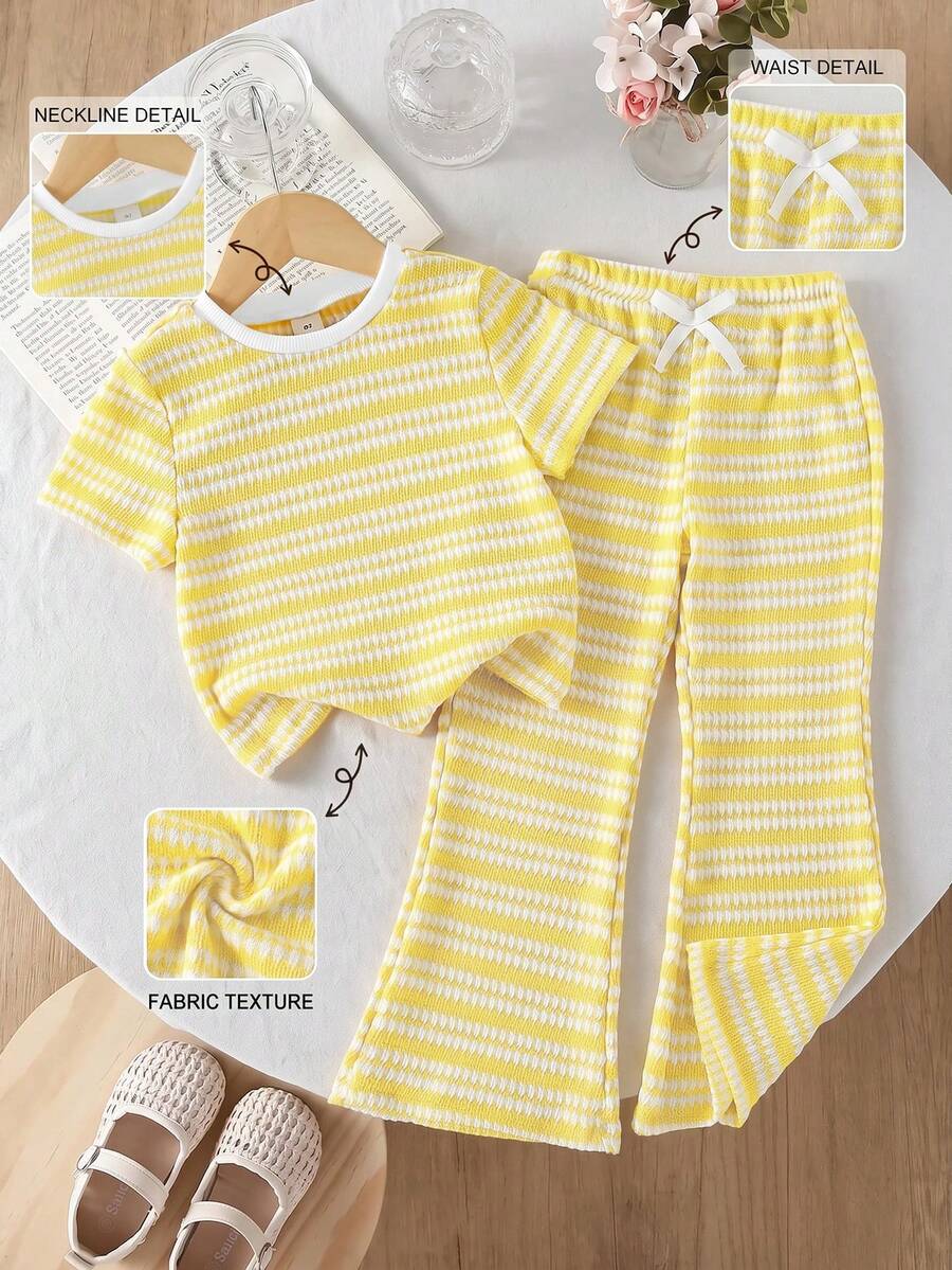 SHEIN Young Girl Striped T-Shirt & Flare Pants Set - Yellow - View 1