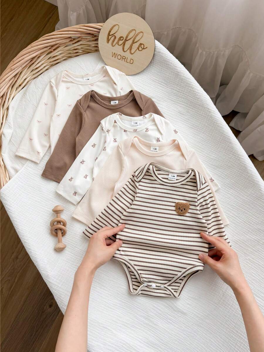 Set Bodysuit Serbaguna Gaya Korea Musim Gugur/Dingin untuk Bayi Baru Lahir: Bodysuit Lengan Panjang Bordir Beruang dengan Motif Beruang Bergaris di Seluruh Bagian untuk Bayi Baru Lahir. - MultiWarna - View 1