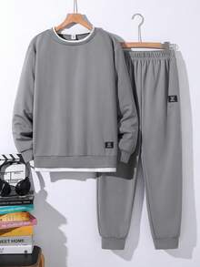 SHEIN 2件組青少年男孩休閒街頭風學院風連帽衛衣與抽繩長褲套裝，返校季白色秋季款 - 灰色 - 查看 5