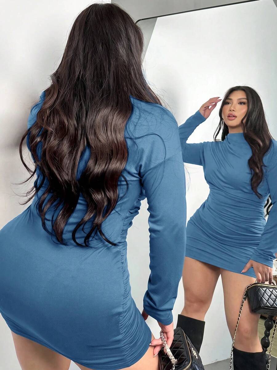Firerie Vestido Ajustado Fruncido de unicolor Talla Grande Azul Marino Otoño Sexy para Noche Vacaciones Salidas - Azul - Ver 1