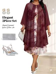 Fleurora Conjunto de 2 piezas de vestido con estampado de mármol & chaqueta transparente de talla grande - Burdeos - Ver 6