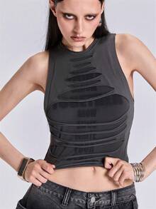 ACID BLVD Summer Spring Autumn Punk Street Y2K Distressed Letter Cutout Contrast Color Tank Top - Black - View 1
