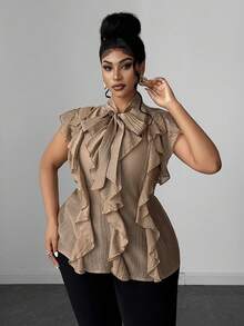 Maweii Plus Size Women Solid Color Tie Waist Casual Versatile Daily Wear Blouse - Camel - View 3