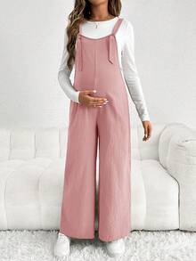 SHEIN 孕婦休閒寬鬆連身褲，可調節式肩帶 - 藕粉色 - 查看 4