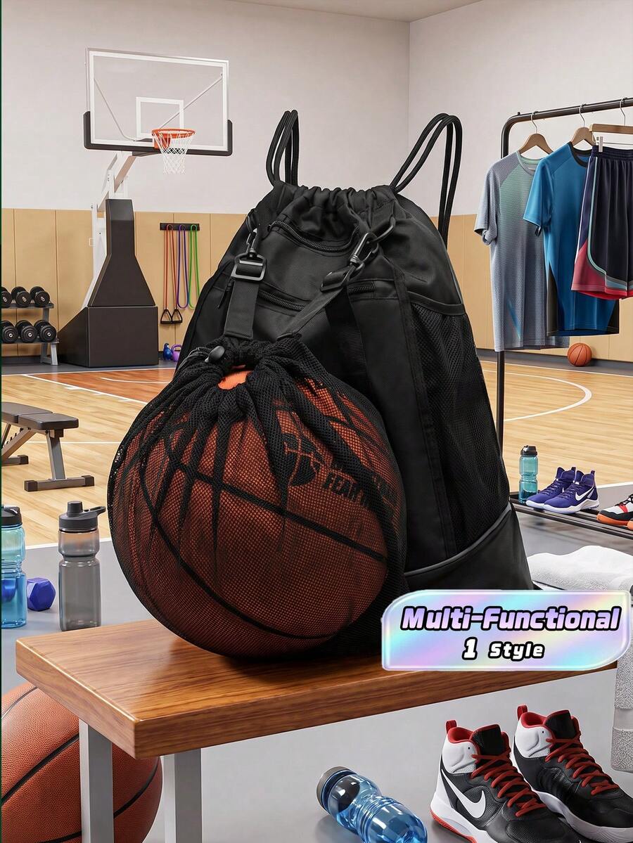 1 Set Backpack With Independent Mesh Ball Bag, Black Nylon Training Bag, Laptop And Tablet Book School Bag, Drawstring Bag For Helmets, For Students Outdoor Sports And Cycling Football Basketball Volleyball Thin Rope Shoulder Bag