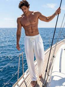 Manfinity Swimmode 男士純色抽繩腰口袋休閒熱帶風百搭日常旅行長褲 度假海灘白色秋季 - 白色 - 查看 4