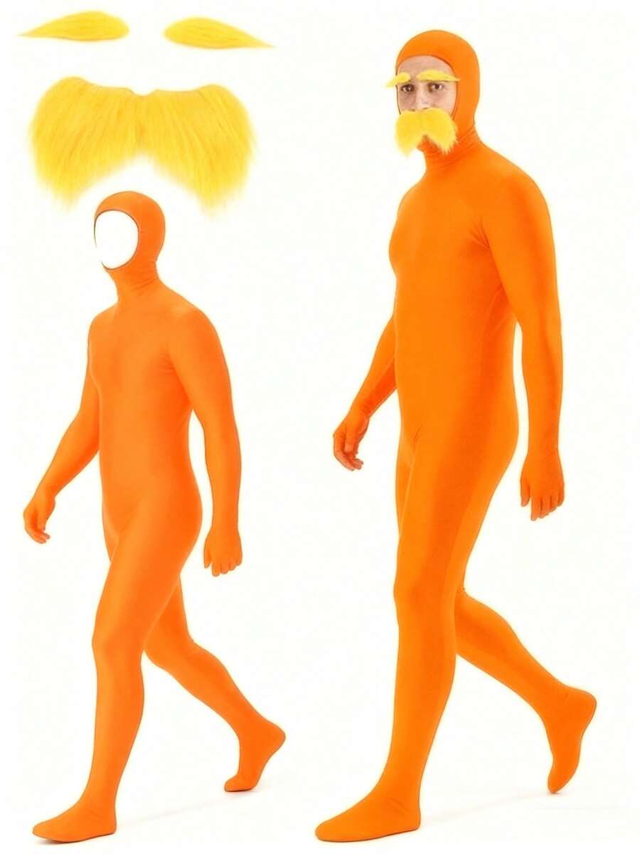 Muroi Mono 1PC Costume Party Orange Outfit, Orange Jumpsuit, Yellow Beard And Eyebrows, Halloween Party Costume - View 1