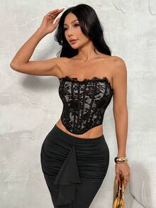 SHEIN PETITE 女款夏季海灘度假純色蕾絲細肩帶上衣，適合日常穿著、約會、夜店、派對、聚會、雞尾酒會、泳池派對、返校、通勤、情人節 - 黑色 - 查看 3