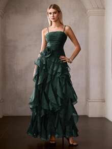 MOTF Soiréza SOLID STEREO FLOWER LAYERED RUFFLE SLIP COCKTAIL DRESS - Dark Green - View 4