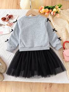 1pc Girls Grey 3D Bow Pullover Sweatshirt Dress, Black Mesh Patchwork Hem, Fashionable Cute Sweet Cool Style, Spring Autumn Winter - Grey - View 2