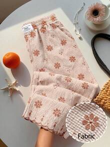 Comfortcana 2026 春夏新款女款橘色格紋花卉刺繡寬腿褲，冬季、復活節、派對、海灘、婚禮、畢業、優雅、休閒、度假、運動、正式、Y2k、商務、亮片、流蘇、荷葉邊、花卉、圖案 - 卡其色 - 查看 5