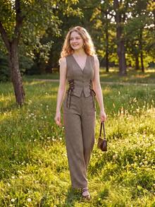 SHEIN MOD Brown Houndstooth Pattern Lace-Up Waist Vest And Pants Set - Multicolor - View 1