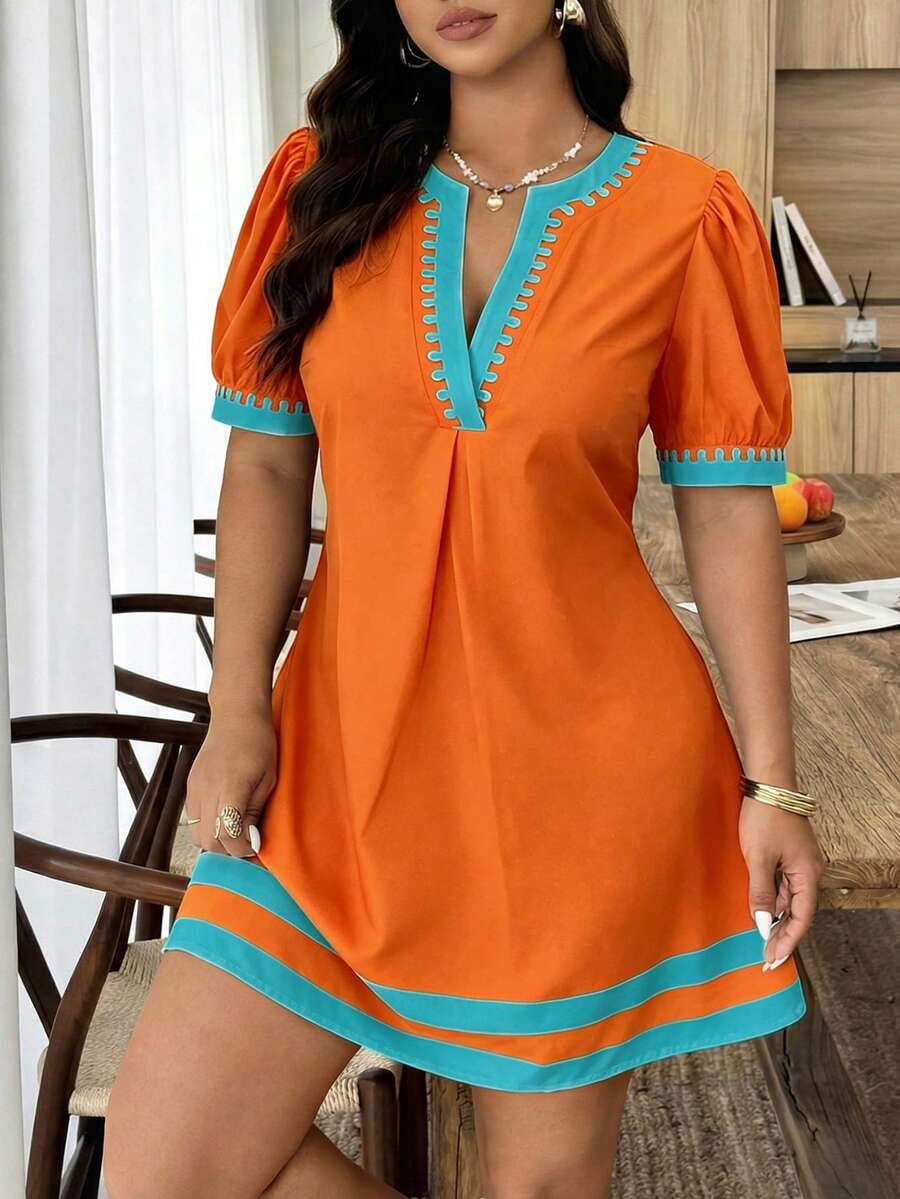 Weeklong Plus Size Women Spring/Summer Printed Colorblock Waist-Cinching Casual Vacation Dress - Orange - View 1