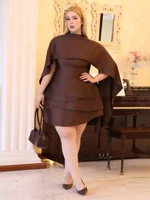 CHERRY TINTT SELECTION Plus Size Women Satin Asymmetrical Hem Adjustable Strap Backless Shawl Collar Dress, Autumn/Winter Elegant Summer - Coffee Brown - View 1