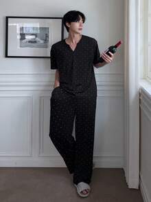 DAZY Spring Black Knit Polka Dot Comfortable Fabric T-Shirt With Elastic Waist Long Pants Men's Loungewear Set - Black - View 2