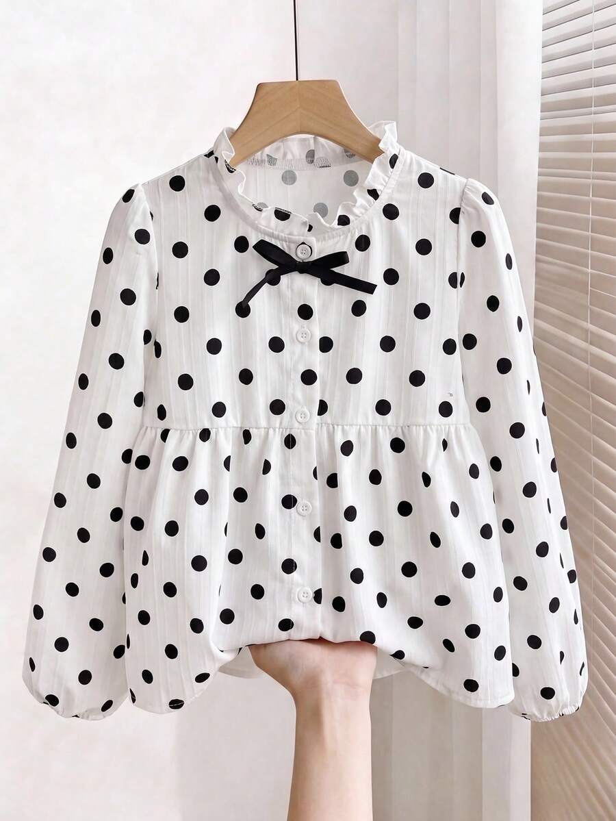 SHEIN Tween Girl Single Piece Woven Textured Digital Print Polka Dot Elegant Full Button Front Shirt With Ruffle Collar, Puff Sleeve Design And 3D Bow Decoration, Suitable For Spring/Autumn Daily Casual, Back To School, Vacation Wear - White - View 1