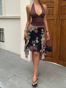 Aloruh 女款時尚優雅波希米亞風黑色條紋不對稱超低腰膝長修身貼身裙，喇叭下擺，適合度假海灘夏季 - 彩色 - 查看 3