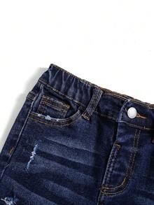 SHEIN Young Boy Blue Comfortable And Refreshing Dark Wash Cut Out Ripped Frayed Design Elasticity Denim Stretch Skinny Jeans For Dailywear - Blue - View 4