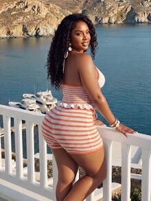Slaydiva Plus Size Women's Striped Halter Knit Top And Knit Shorts Set, Casual Basic Style For Birthday Party, Daily Wear, Vacation, Cruise, Beach Summer - Orange - View 2