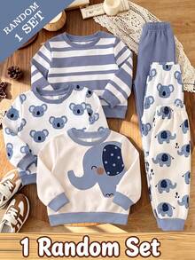SHEIN Vintaside Kids Random 3 Sets Send 1 Set Baby Boy Casual Sweatshirt Set, All-Over Print Koala, Large Cartoon Elephant, Blue And White Wide Stripe Pony, Matching Same Pattern Cuffed Pants, Simple And Playful Design, Suitable For Outings, Shopping, Daily Wear, Spring, Autumn, Winter - Multicolor - View 1