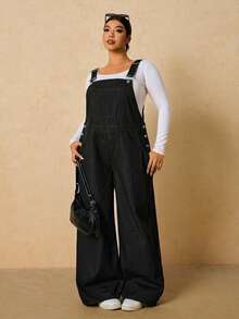 SHEIN PETITE CURVE Plus Size Fashion Pocket Button Loose Denim Jumpsuit Fall Black Casual Normal - Black - View 4