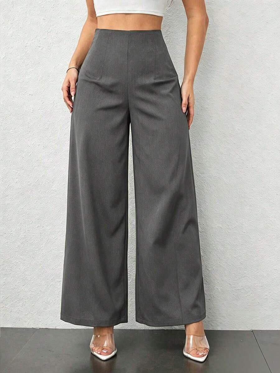 SHEIN PETITE 女款簡約休閒時尚返校季老錢風通勤高腰紋理寬腿長褲,商務休閒女裝,小個子女性適用 - 深灰色 - 查看 1