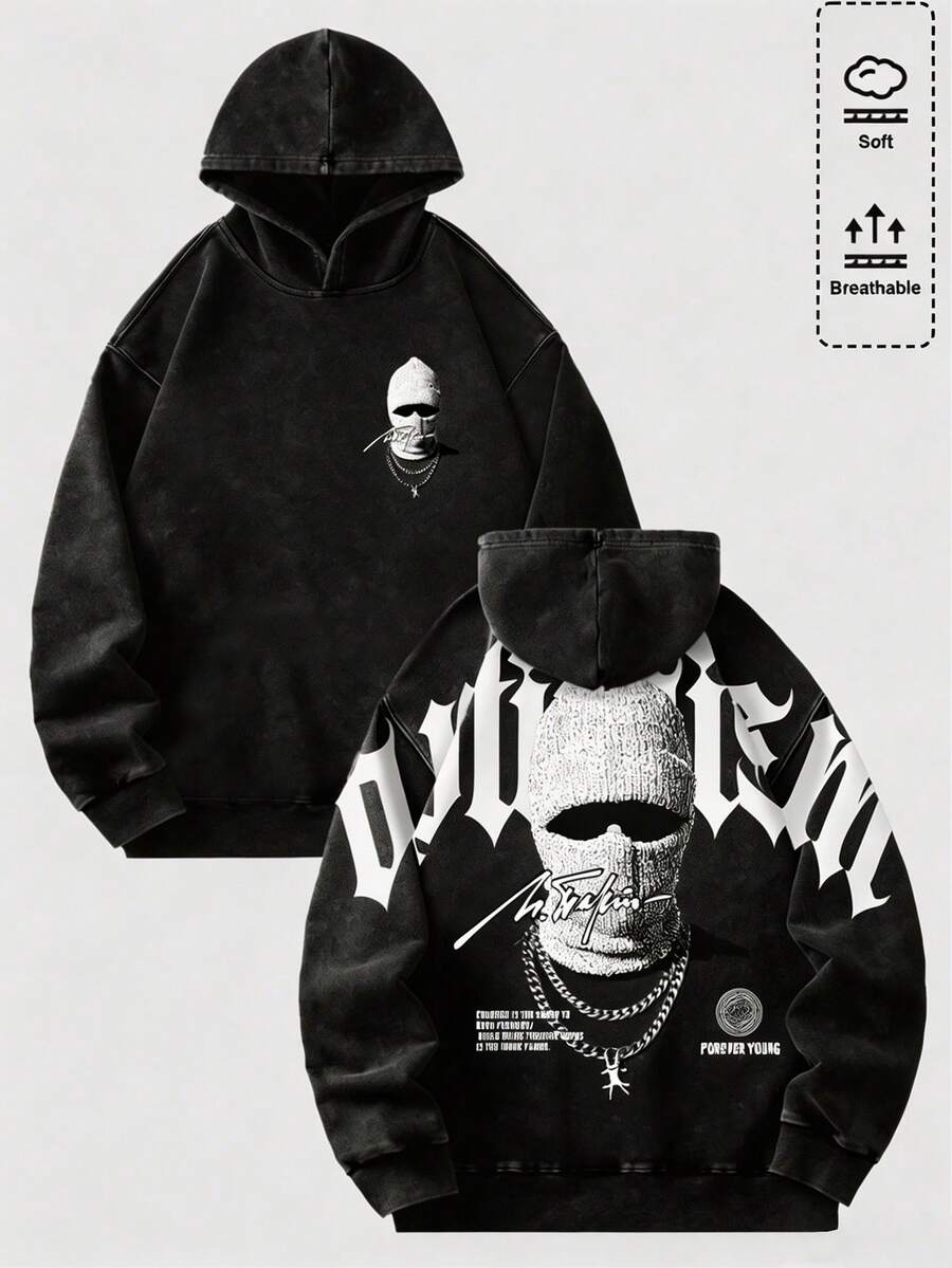 SHEIN 青少年男孩嘻哈時尚字母印花長袖秋季運動衫 - 黑與白 - 查看 1