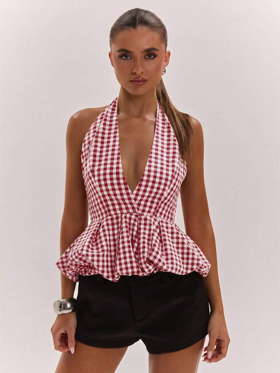 SHEIN BAE Women's Summer Sexy Plaid Backless Halter Top Going Out Vacation Red And White Plaid - Red and White - View 1