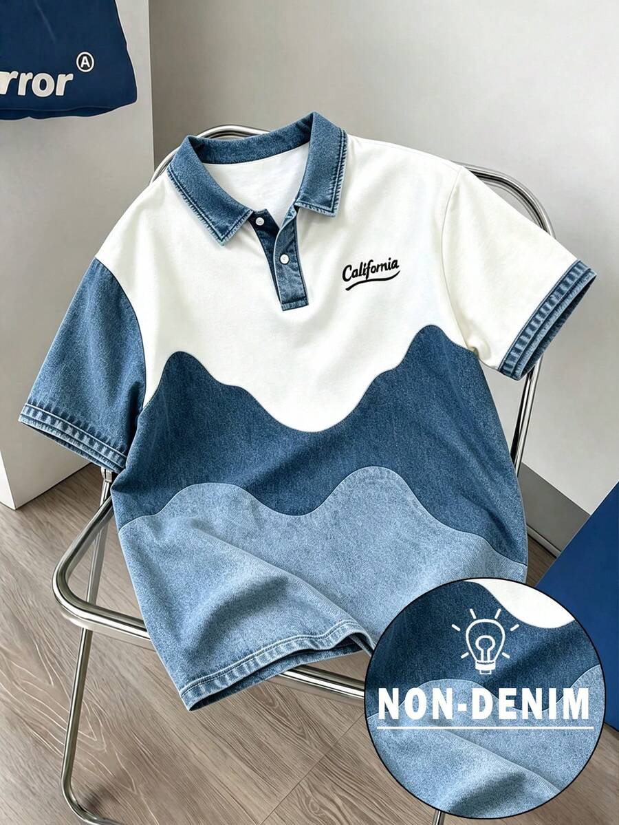Manfinity Hypemode Men's American Retro Wave Colorblock Denim Effect Patchwork Polo Shirt - Multicolor - View 1
