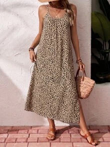 SHEIN Essnce Vestido largo para mujer casual minimalista de vacaciones bohemio elegante romántico vintage con estampado de leopardo y patrón bohemio, atuendo para ir al trabajo, festival de música, atuendo de playa, atuendo de vacaciones, atuendo de verano para mujer - Multicolor - Ver 3