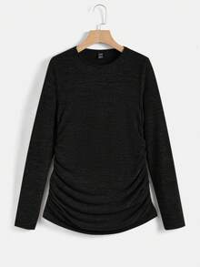 SHEIN 孕婦純色抓皺休閒百搭日常穿著T恤 秋季 - 黑色 - 查看 8