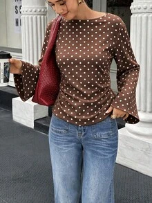 Flora Isola Flora Isola 女款春秋波點印花船領側收腰喇叭袖上衣，法式復古通勤優雅上衣 - 彩色 - 查看 6