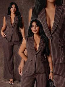 Rustia Plus Size Women's Elegant Commuter Striped 2 Pieces Set - Multicolor - View 1