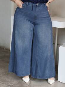 CHERRY TINTT SELECTION Plus Size Casual Everyday Washed Slant Pocket Loose Wide Leg Jeans Fall - Dark Wash - View 3
