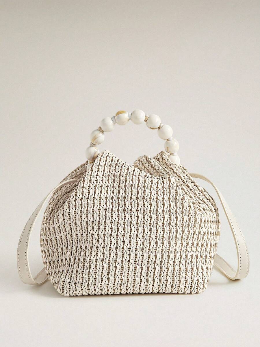 Wovira Ladies Handbag, Woven, Bead String Portable, Vacation Old Money Style, Simple Urban Fashion, Suitable For Daily Commuting, Shopping, Vacation - Beige - View 1