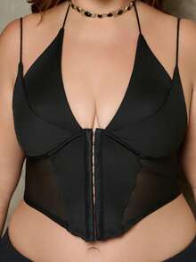 Lele Munniz Atasan Korset Crop Cami Jala Kontras Ukuran Plus Warna Hitam, Untuk Pakaian Kasual Musim Panas - Hitam - View 3
