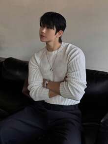 DAZY White Solid Color Slim Fit Raglan Sleeve Crew Neck Men's Sweater, Can Be Worn As Base Layer Or Outerwear Long Sleeve Tops - White - View 4